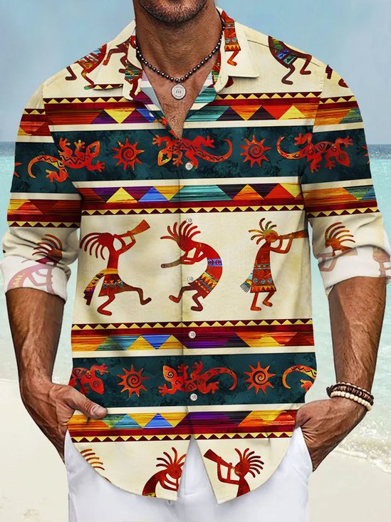 JoyMitty 50's Vintage Aztec Ethnic Totem Men's Long Sleeve Shirts Stretch Oversized Aloha Camp Button Shirts