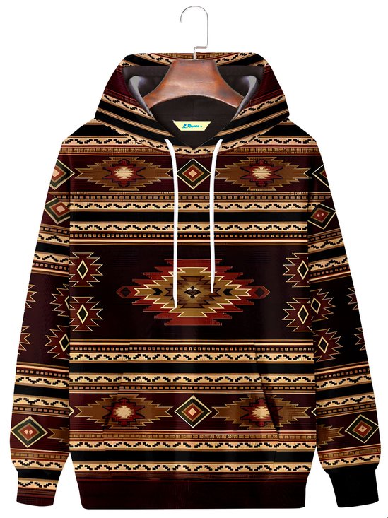 JoyMitty Vintage Aztec Geometric Brown Men's Drawstring Hoodies Stretch Plus Size Outdoor Camp Pocket Pullover Sweatshirts