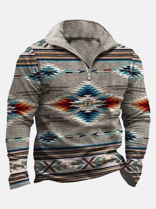 Vacation Vintage Aztec Stand-up Collar Half-zip Sweatshirts Western Ethnic Geometric Men's Warm Comfortable Pullover Tops