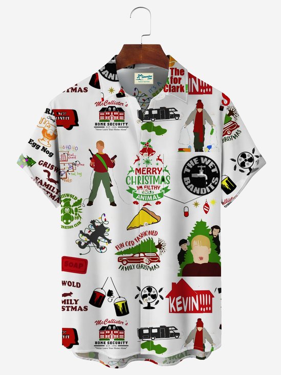 Home Alone Men's Hawaiian Print Resort Shirt Stretch Aloha Pocket Cartoon Camping Shirt