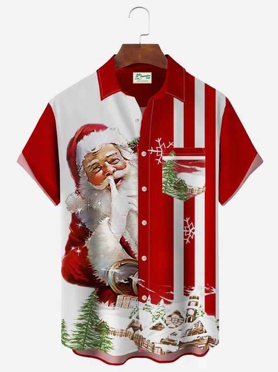 Royaura® Christmas Holiday Red Men's Striped Shirt Stretch Pocket Camp Shirt Big Tall
