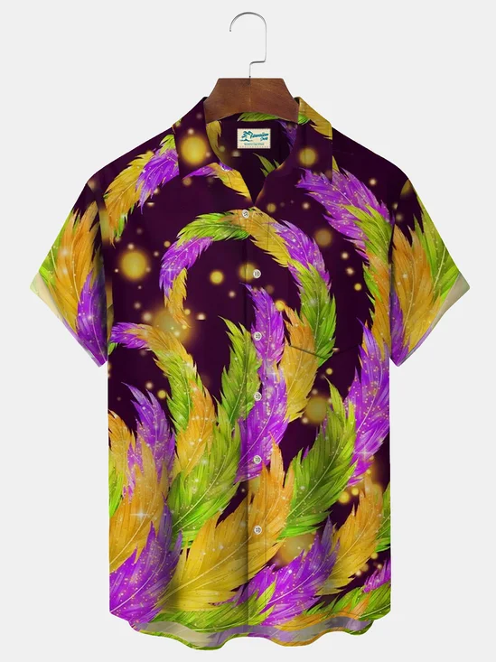 Mardi Gras Holiday Purple Men's Hawaiian Shirts Feather Art Stretch Pocket Camping Shirt Big Tall