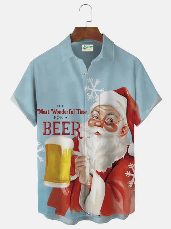 Royaura® Christmas Santa Beer Print Men's Button Pocket Shirt