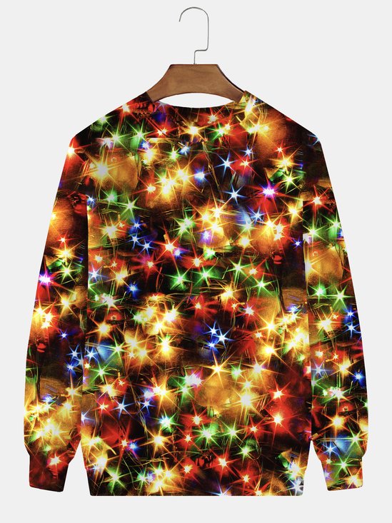 Christmas Holiday Men's Round Neck Sweatshirt Lights Art Warm Comfortable Pullover Top Big Tall