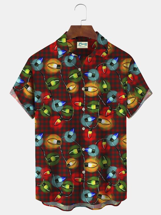 Christmas Lights Plaid Print Men's Button Pocket Shirt