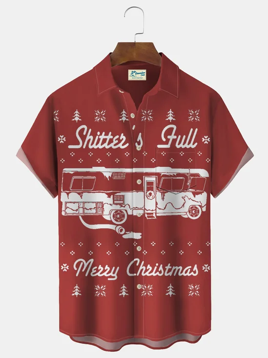 Christmas Car Letter Print Men's Button Pocket Shirt