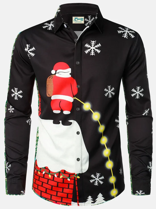 Christmas Holiday Black Long Sleeve Shirts Santa Easy Care Camp  Festival Shirts Big Tall