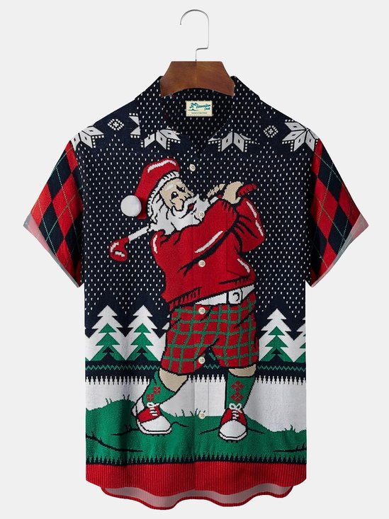 Christmas Holiday Blue Men's Fun Cartoon Santa Golf Art Check Camp Pocket Shirts Big Tall