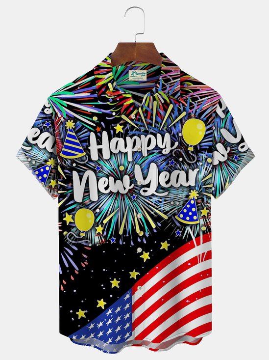 New Year Flag Fireworks Print Men's Button Pocket Shirt