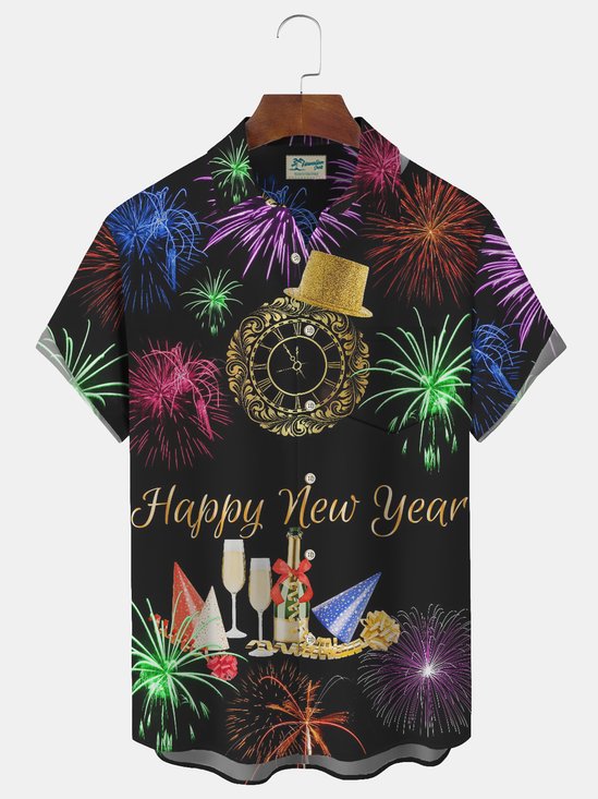 New Year Fireworks Print Men's Button Pocket Shirt