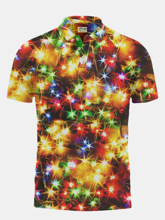 Christmas New Year Lantern Print Men's Button-Up Polo Shirt
