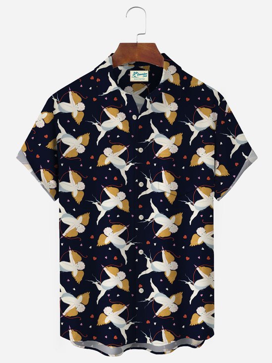 Valentine's Day Holiday Cupid Cartoon Men's Hawaiian Shirt Stretch Easy Care Pocket Camp Shirts Big Tall