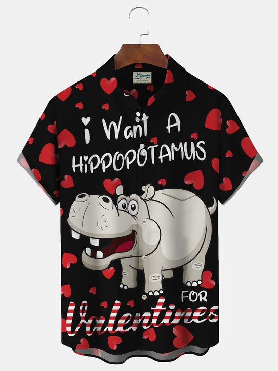 Valentine Heart Hippo Print Men's Button Pocket Shirt