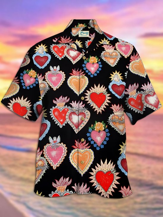 Royaura® Valentine's Day Holiday Men's Hawaiian Shirts Love Cartoon Art Pocket Camp Shirts Big Tall