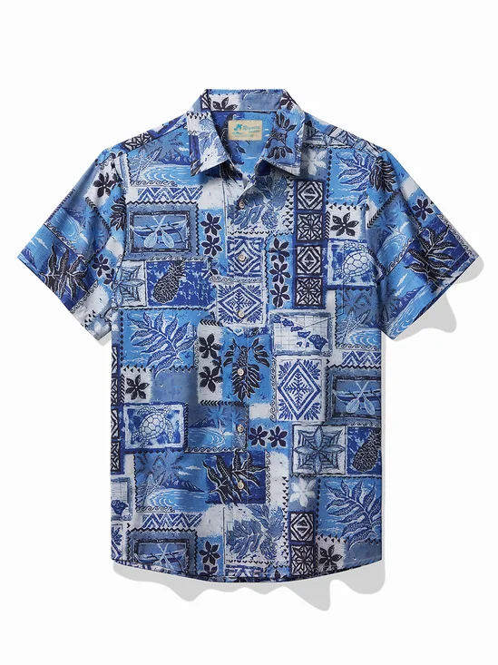 JoyMitty Ethnic Print Cool Ice Shirts Sweat-wicking Beach Men's Hawaiian Oversized Pocket Shirt