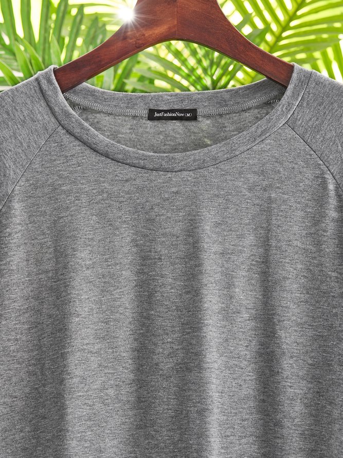 Gray Cotton Casual Crew Neck Solid Shirts & Tops