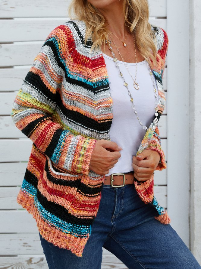 JOYMITTY Women Multicolor Plus size Long Sleeve Casual Striped Outerwear M L XL XXL 3XL