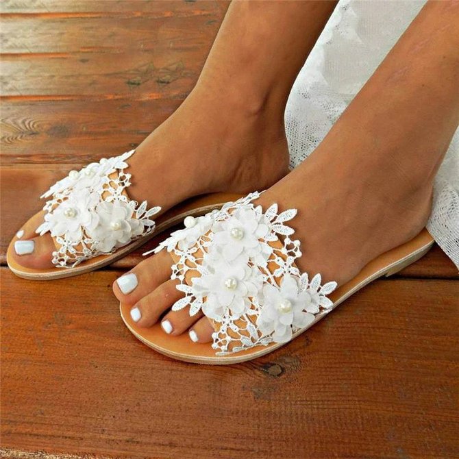 White Date Pu Summer Flat Heel Slippers