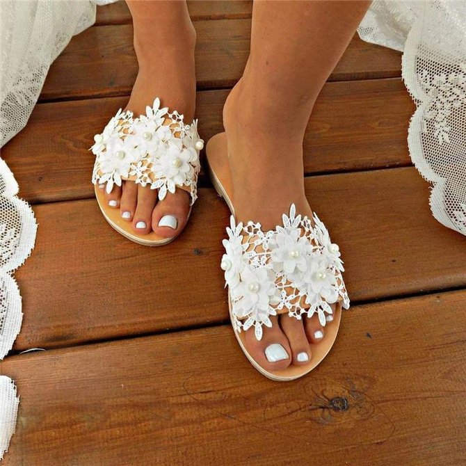 White Date Pu Summer Flat Heel Slippers