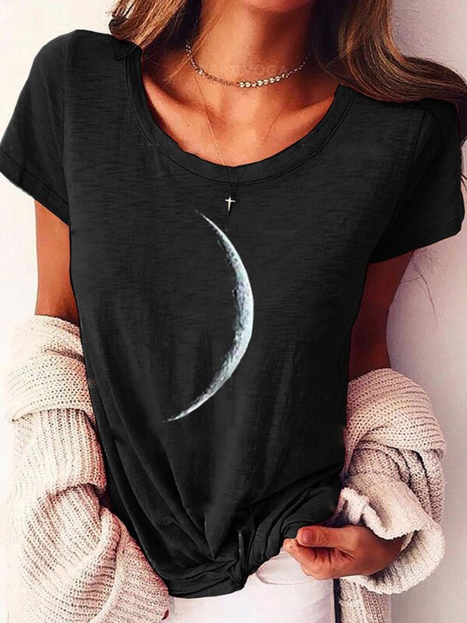 Black Moon Printed Club Daily Casual Short Sleeve Shift Shirts & Tops