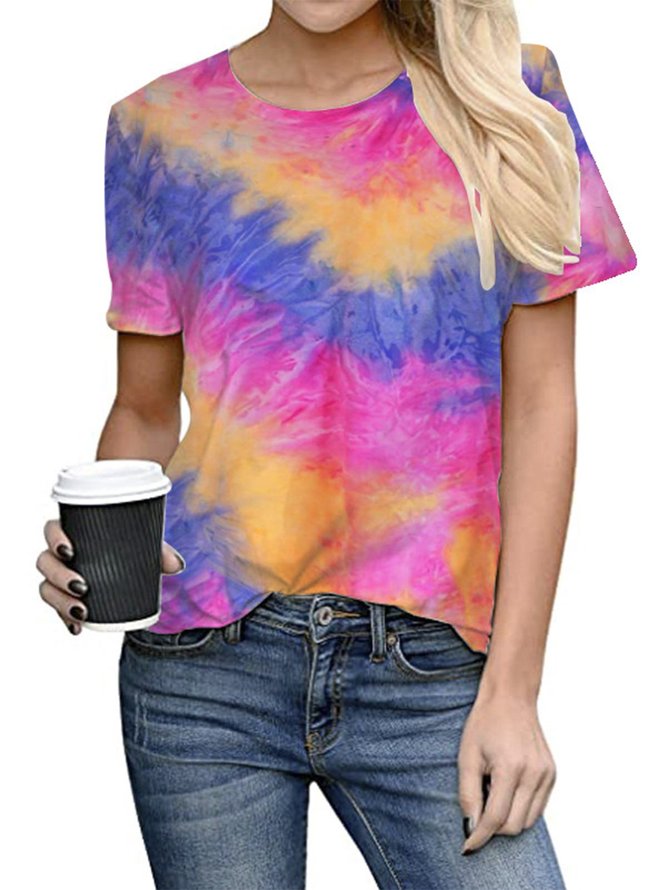 Women Rainbow Tie Dye Shift Shirts & Tops | Tops | Joymitty Short Sleeve 1 Blue Chalky Yellow 