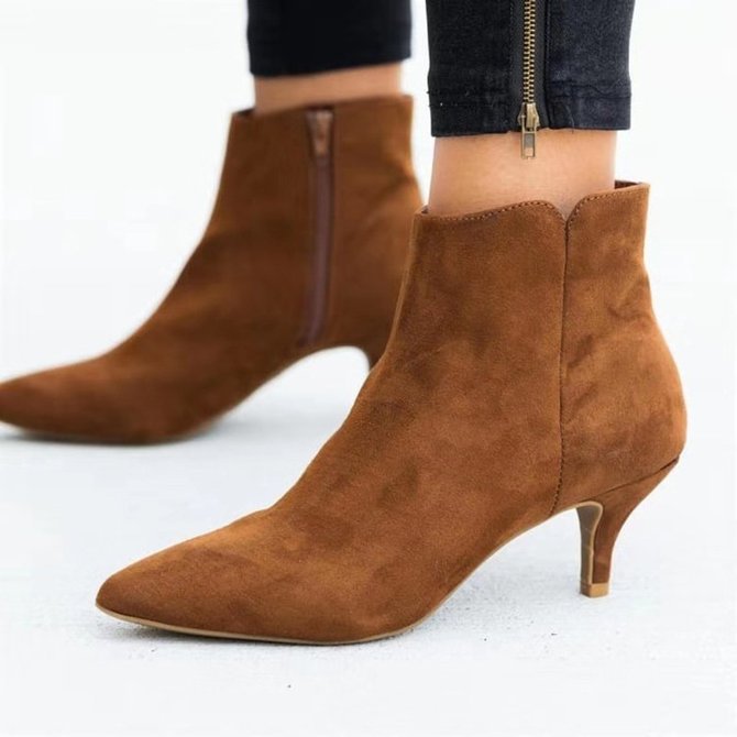 JOYMITTY Women Chic Date Pointed Toe Zip Suede Kitten Heel Ankle Boots