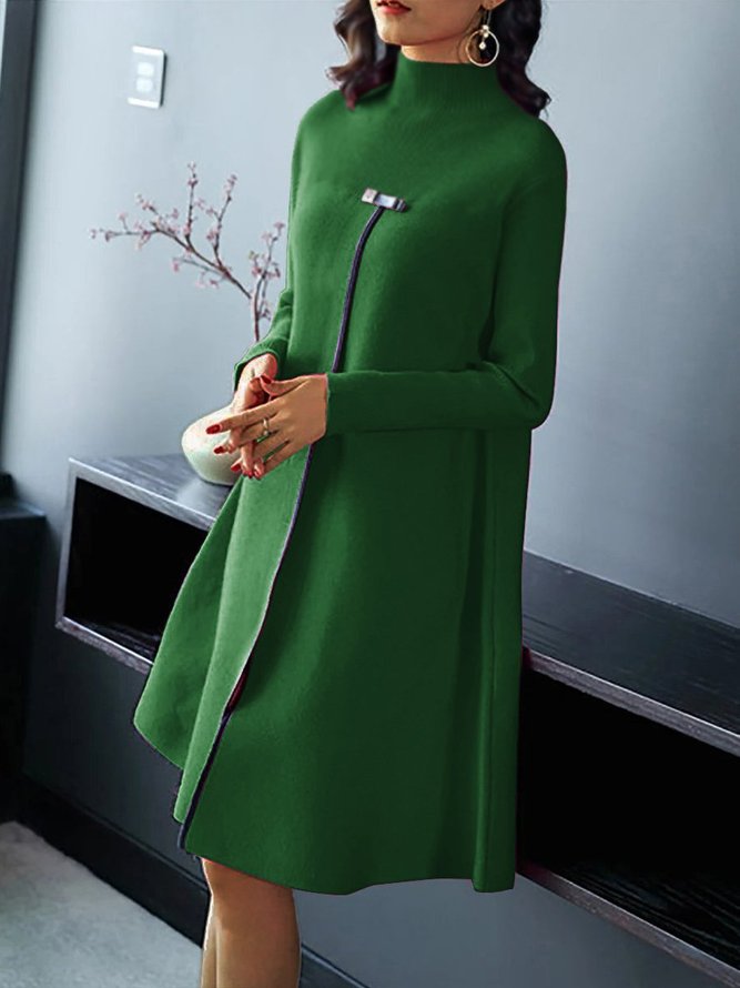 JOYMITTY Women Casual Long Sleeve Stand Collar Plain Dresses
