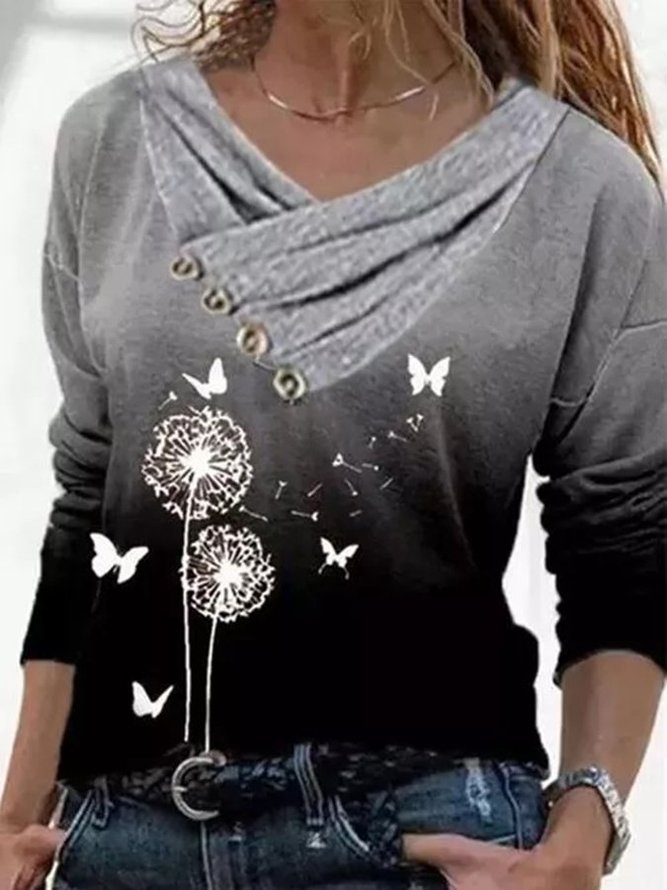 Floral Casual VNeckline Long Sleeve Blouses joymitty