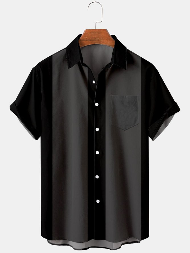 Men's Casual 50s Retro Bowling Shirts Vertical Striped Two Tone Camp Short Sleeve Tops