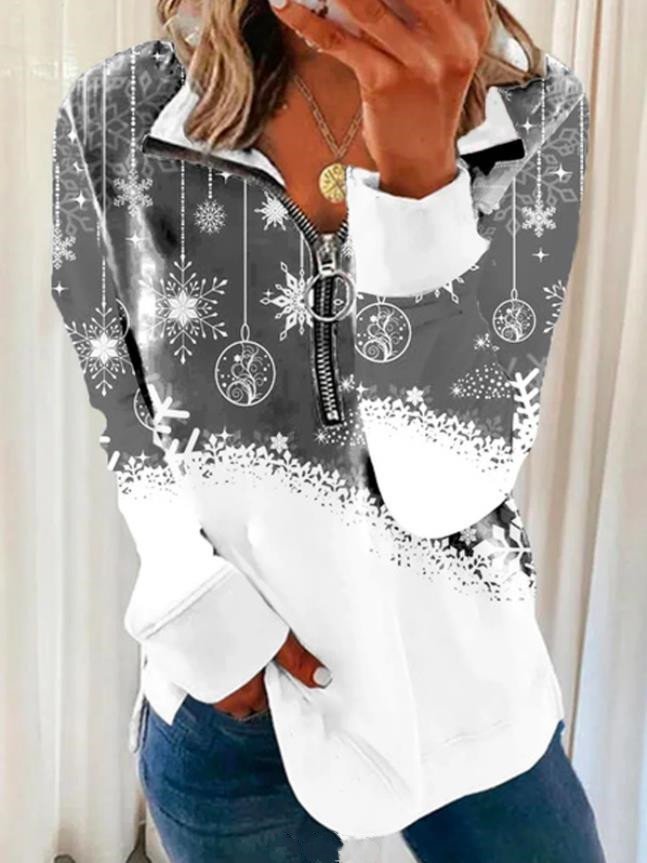 CLEARANCE Christmas Xmas Snowflake Plus Size Women Casual Printed Long Sleeve Zipper Sweatshirt
