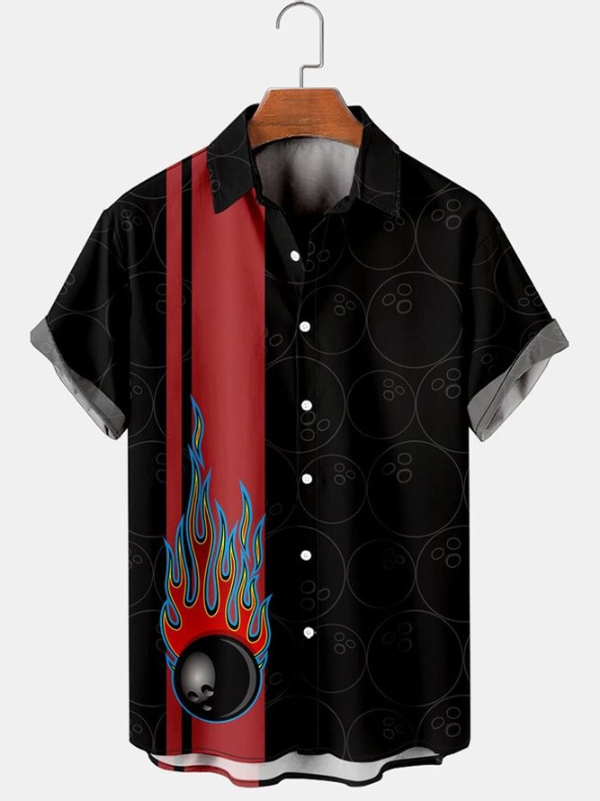 Holiday Leisure Retro Bowling Elements And Flame Pattern Hawaiian Shirt ...