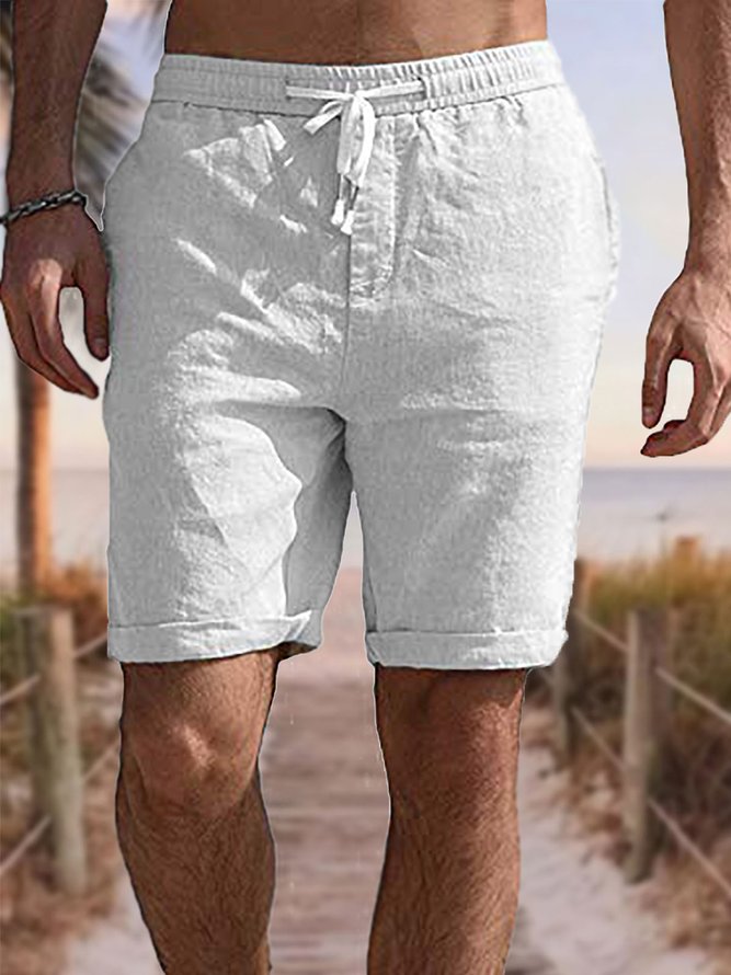 Men's Cotton Linen Style Elastic Waist Casual Shorts
