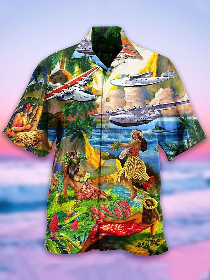 Men's Vintage Airplane Hula Girl Print Short Sleeve Cotton Blend Hawaiian Shirt