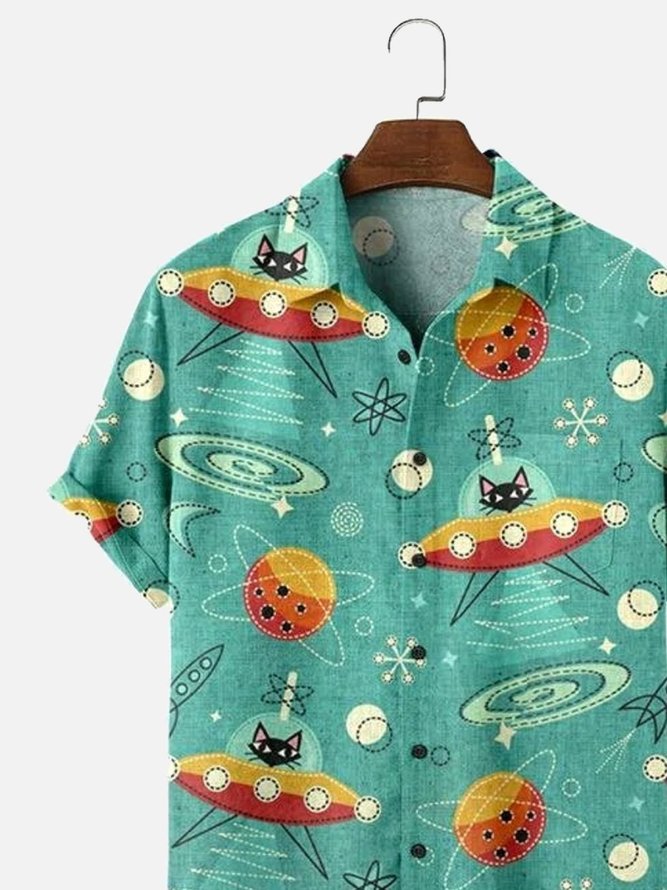 Men's Seersucker Fabric Wrinkle Resistant Shirt UFO Cat Art Print Short Sleeve Shirt
