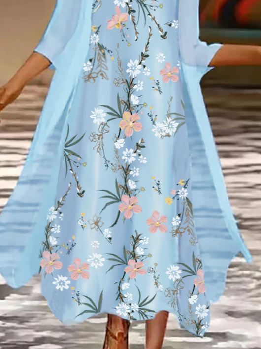 Women's Two Piece Dress Sky Blue Floral Sweet A-Line Maxi Dresses Elegant 2022 M L XL XXL 3XL