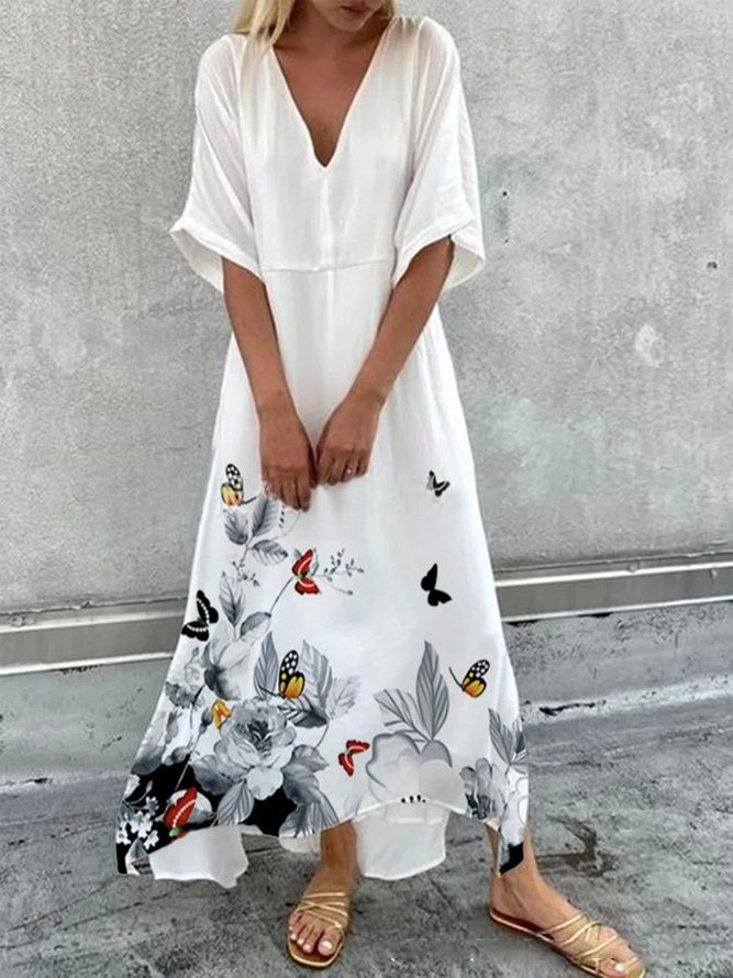 White Shift Printed Casual Half Sleeve Maxi Dresses for Women