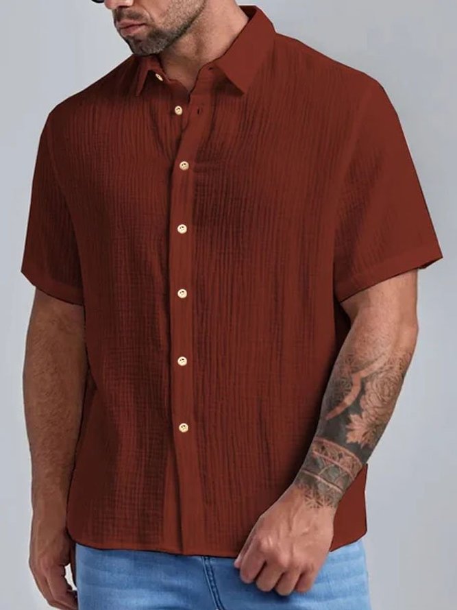 Men's Seersucker Wrinkle-Free Solid Color Casual Basic Short Sleeve Shirt