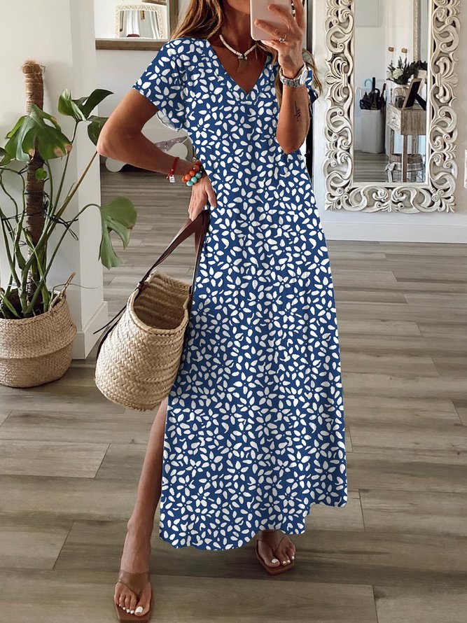 Casual Floral Short Sleeve V Neck Plus Size Printed Dress