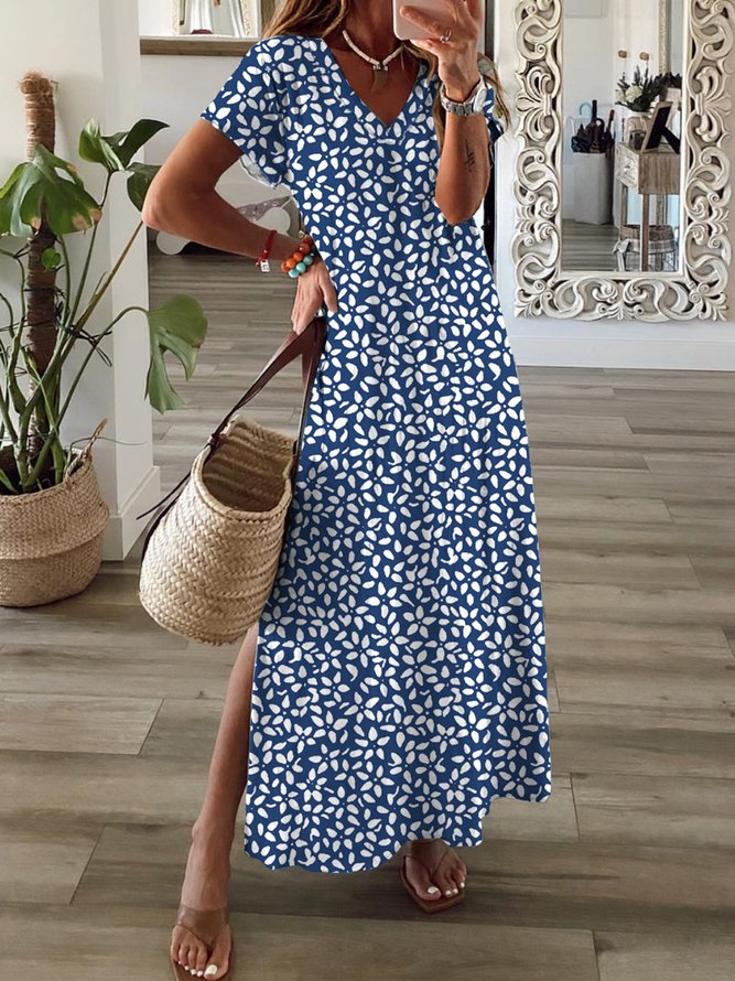 Casual Floral Short Sleeve V Neck Plus Size Printed Dress