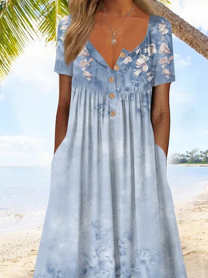 Women Floral Casual Short Sleeve Buttoned Dresses joymitty