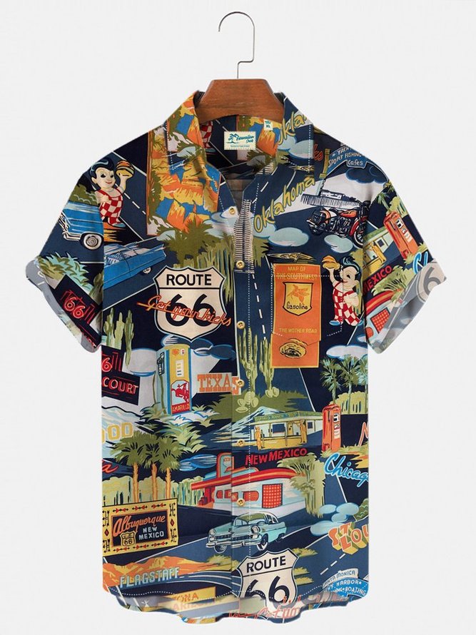 Men's Vintage Hawaiian Shirts Route 66 Classic Car Quick Dry Wrinkle