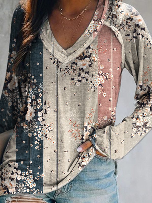Long sleeve V Neck Floral Casual T-Shirt