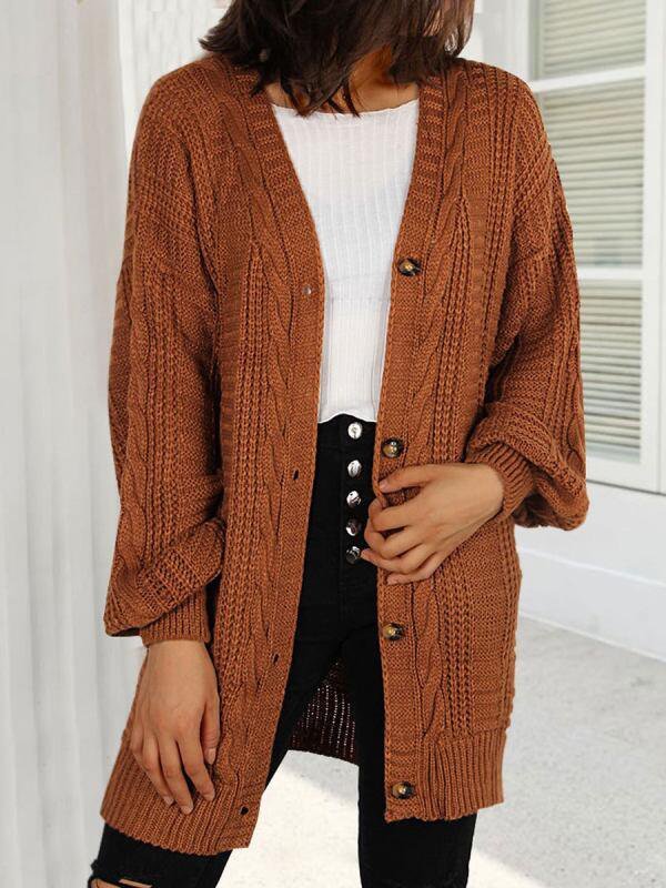 Buttoned Solid Long Sleeve Shift Knitted Sweater Cardigan