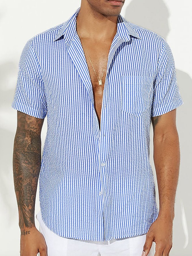 Men's Wrinkle Free Seersucker Multicolor Striped Shirts Plus Size Casual Shirts