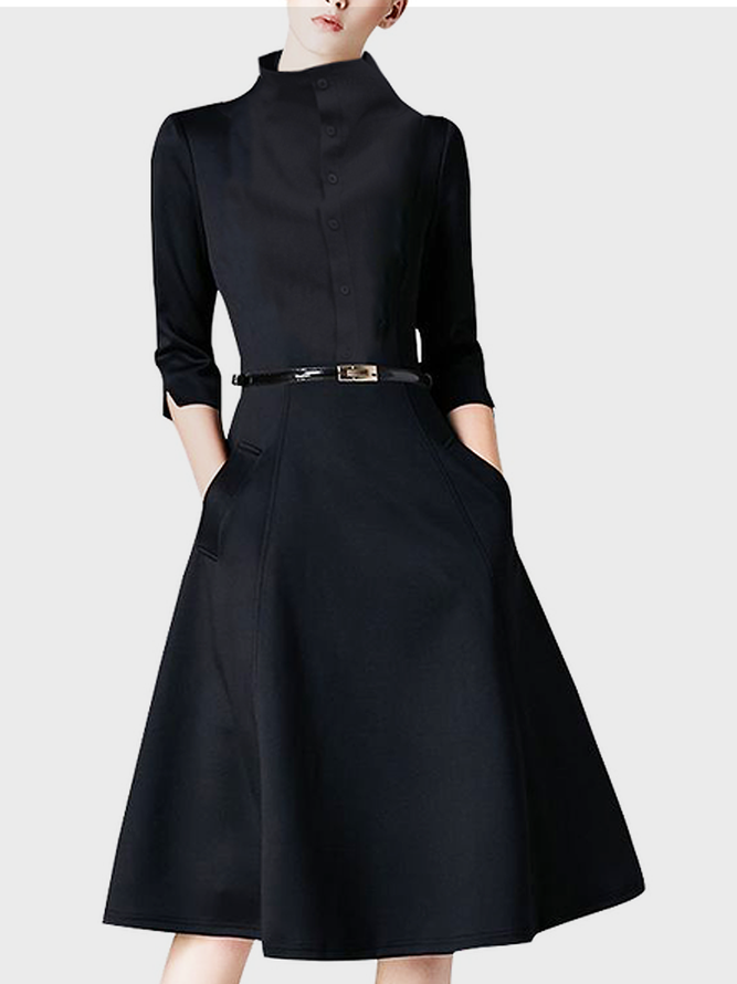 Elegant Stand Collar Plain Regular Fit Three Quarter Dresses