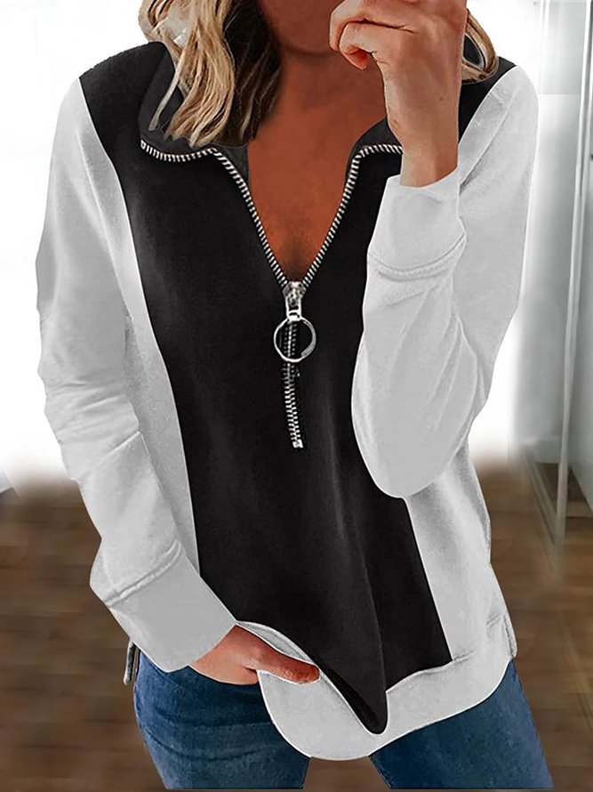 Women Zipper Long Sleeve Patchwork Sweatshirt