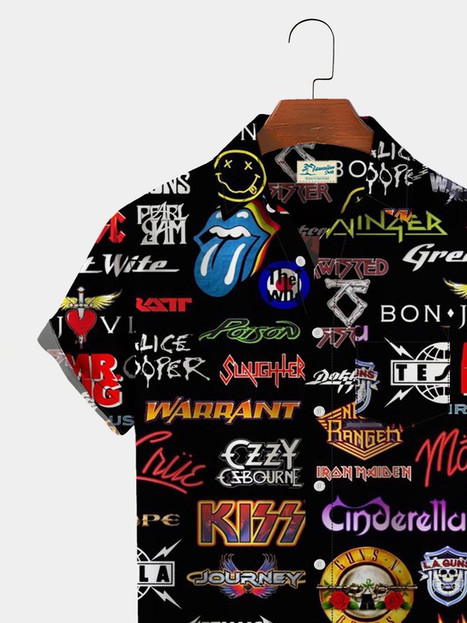 Mens Rock and Roll Punk Print Pocket Lapel Casual Loose Short Sleeve Shirt