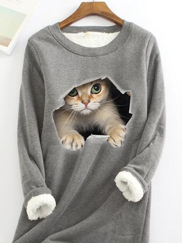 Crew Neck Cat Casual Warmth Sweatshirts