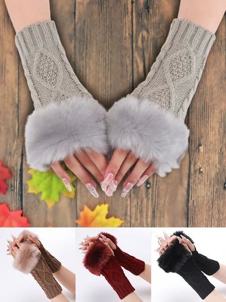 Casual Wool Knitted Twist Pattern Patch Plush Half Finger Gloves