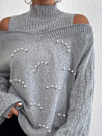 Casual Plain Cold-Shoulder Half Turtleneck Wool/Knitting Pearl Sweater